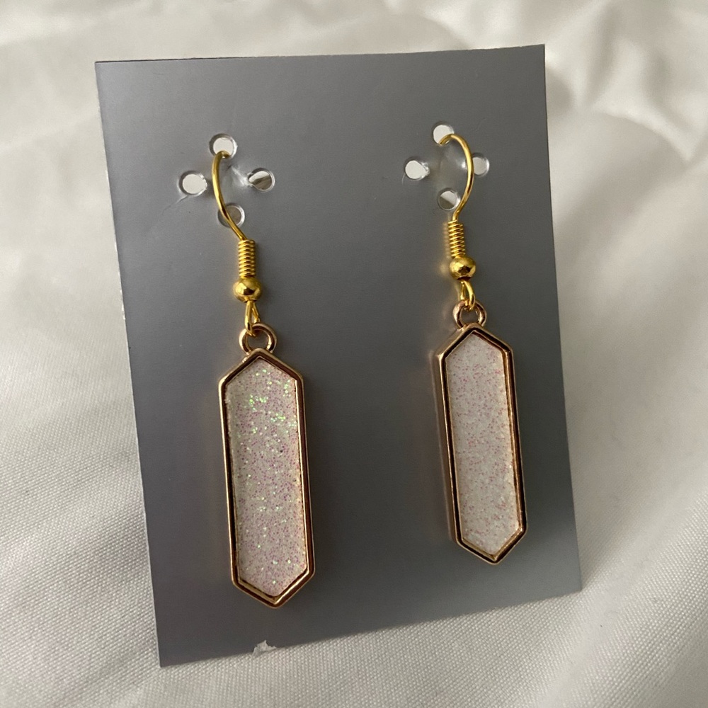 10k Gold Plated-White Sparkly Chevron Earrings-Brand New